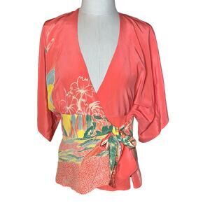 Tibi silk wrap front tie wrap colorful floral women's top  size large